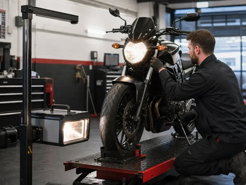 Motorcycle being checked during an MOT style inspection in a workshop