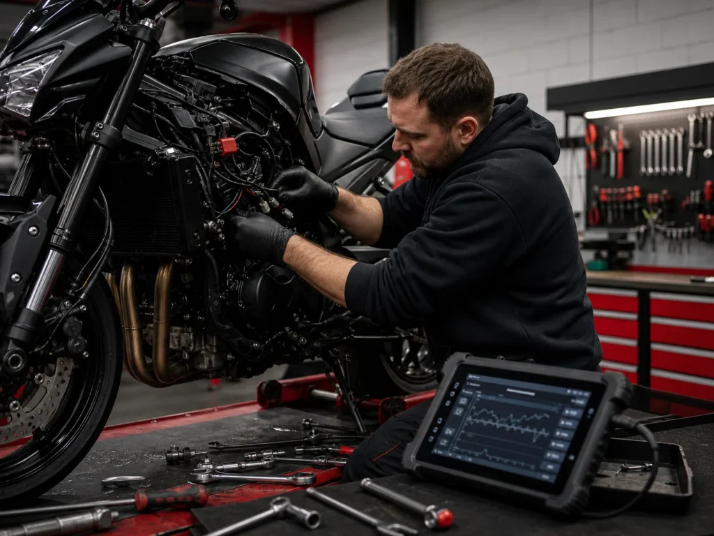 Mechanic carrying out motorcycle repairs and diagnostics in a workshop