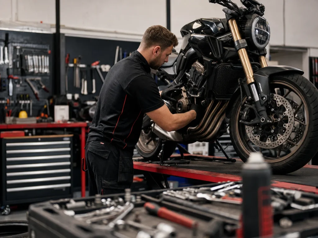 Mechanic servicing a motorcycle in the Needham's Motorcycles workshop in Doncaster