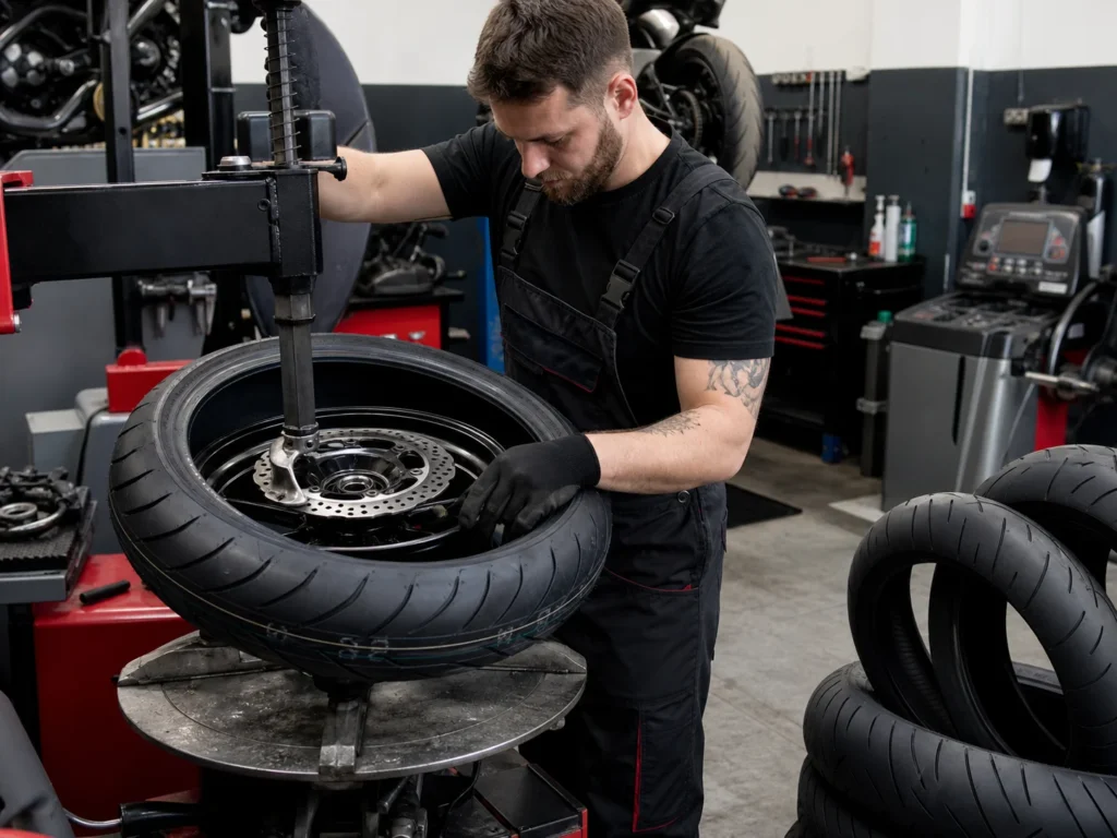Mechanic fitting a motorcycle tyre to a wheel in a workshop
