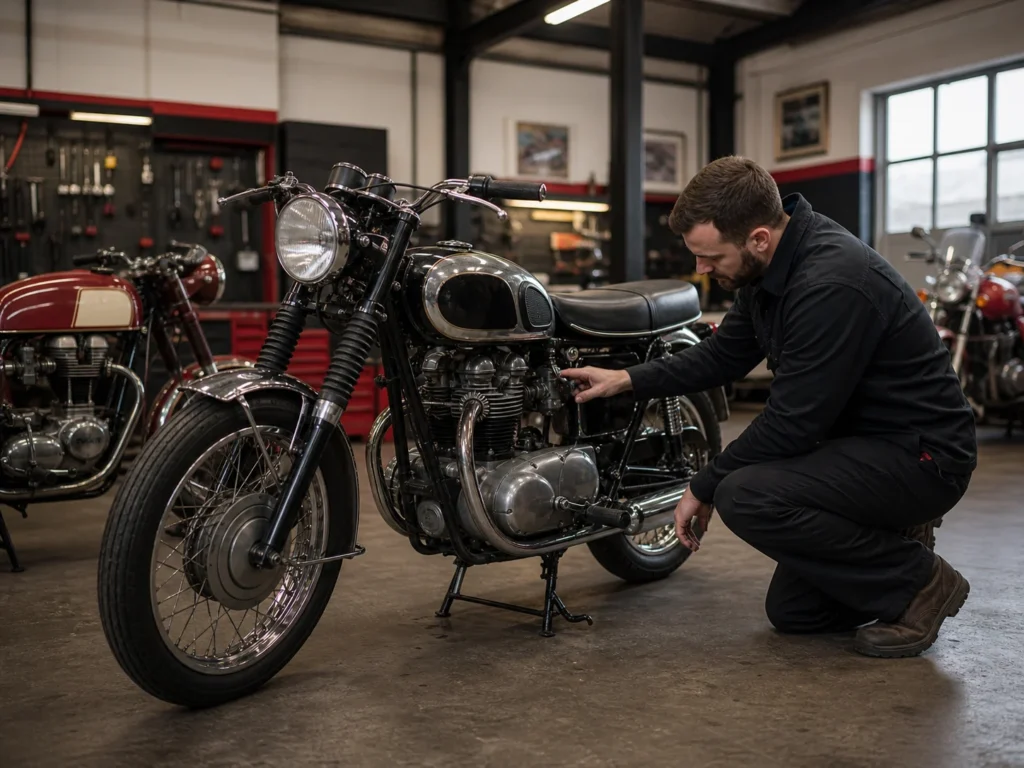 Classic motorcycle being inspected in the Needham's Motorcycles workshop